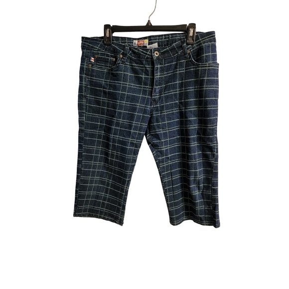 Woman's MOTO BLUES Jean Capris Lime Green Check Sz 16 Stretch 5 Pocket - Picture 1 of 8